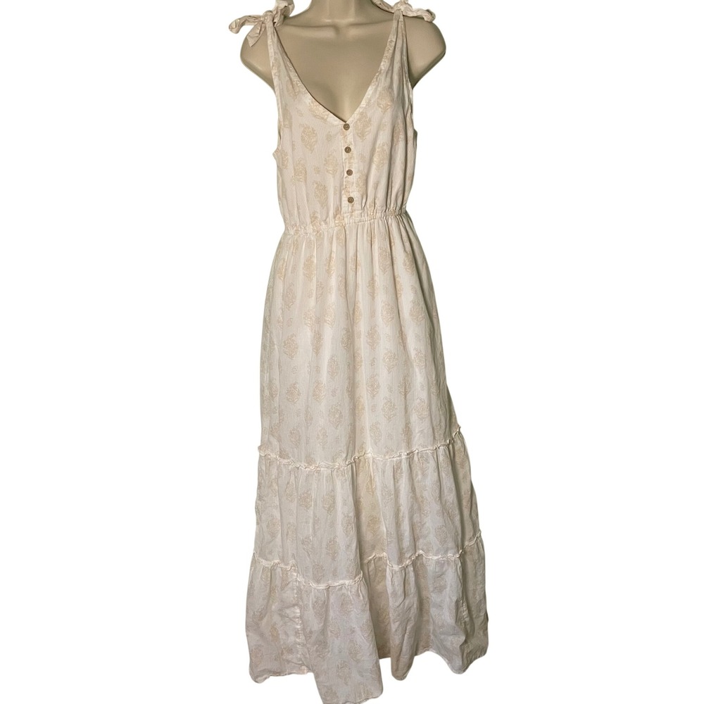 True Craft White Floral Cotton Maxi Dress Small Tie Shoulder Tiered Boho Cottage